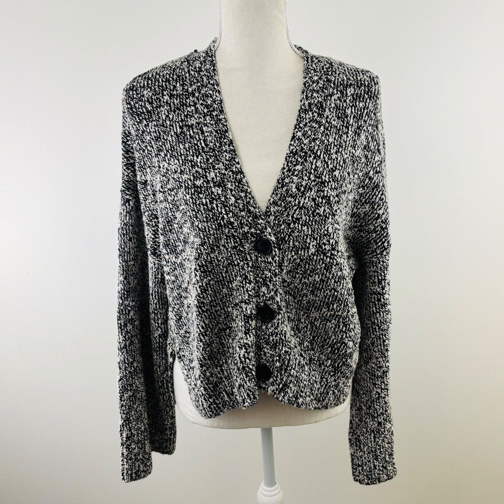 Frame Cropped‎ Cable Button Down Chunky White Black Cardigan Sweater Size Small